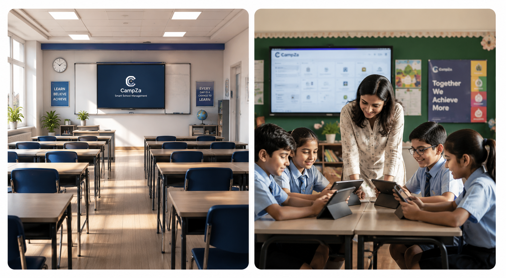 CampZa in the classroom — a teacher with students using tablets